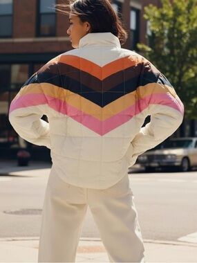 Cream Chevron Colorblock Puffer Jacket